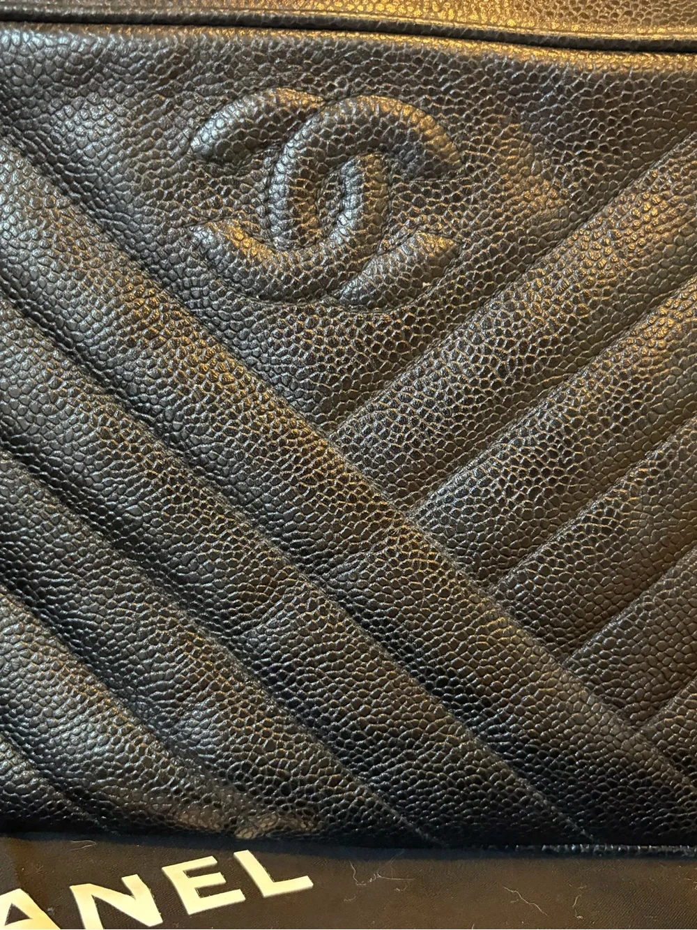 Vintage Chanel Black Quilted Caviar Leather Camera Bag with Gold Chain